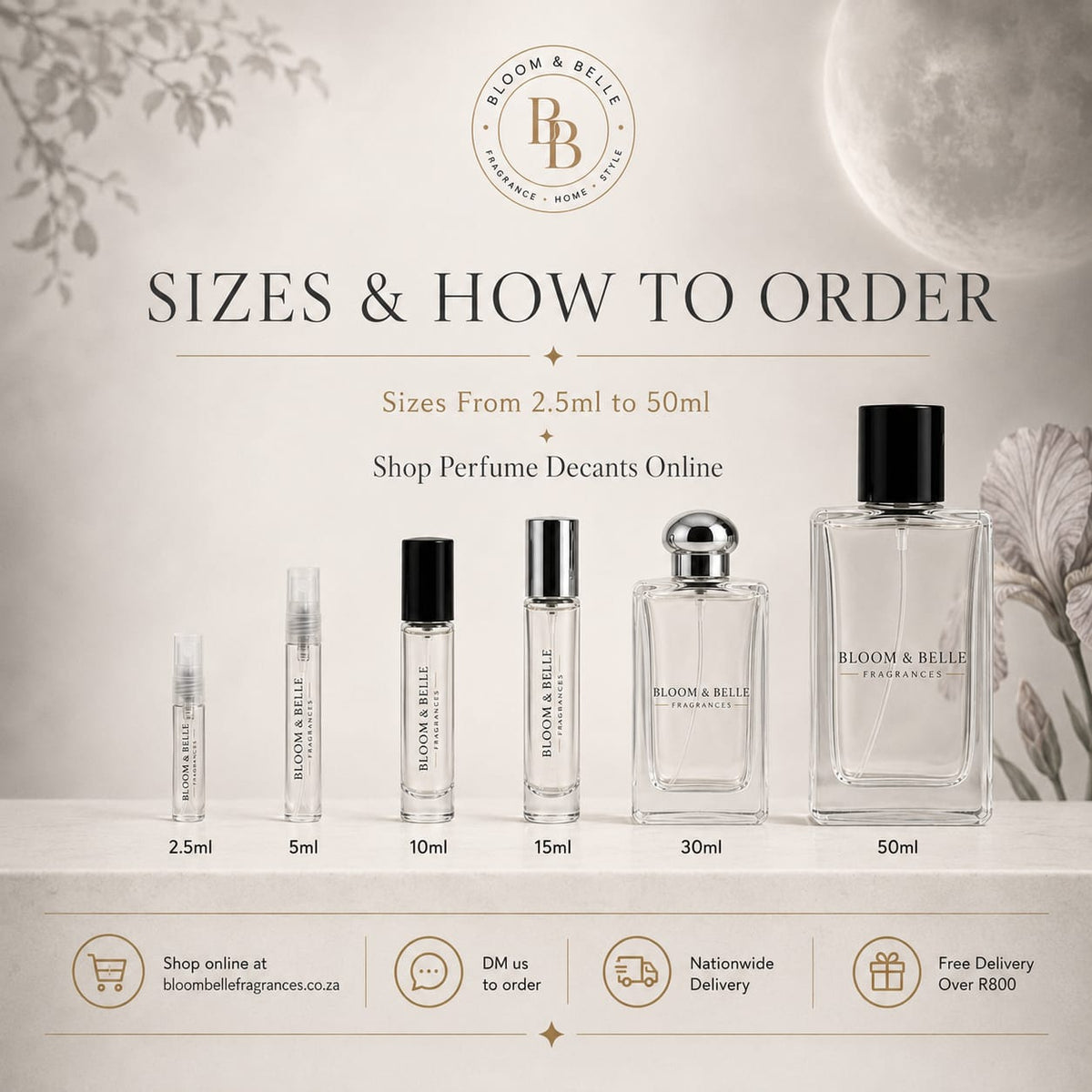 Bloom & Belle decant bottle sizes: 2.5ml, 5ml, 10ml, 15ml, 30ml and 50ml