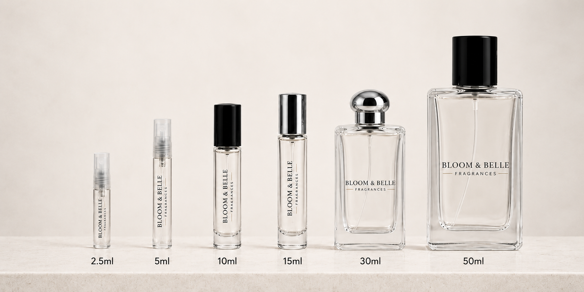 Bloom & Belle decant bottle sizes: 2.5ml, 5ml, 10ml, 15ml, 30ml and 50ml